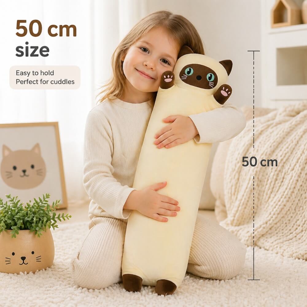 Jucarie de Plus Pisica Lunga, Tip Perna, Moale, Pufoasa si Confortabila, 50 cm, Crem-Maro