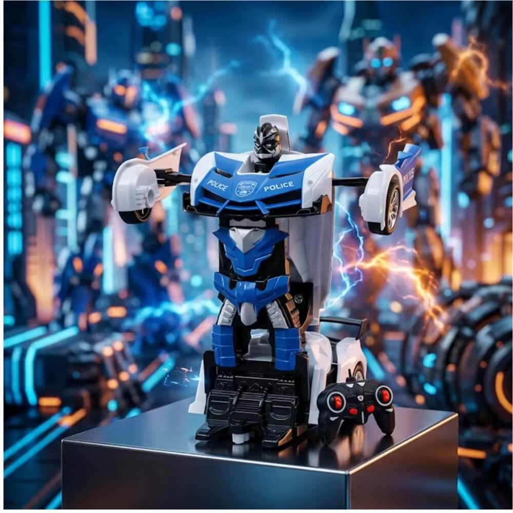Masinuta de politie cu telecomanda, transformare automata in robot, lumini si sunete, 24 cm, jucarie interactiva pentru copii, Alb/Albastru