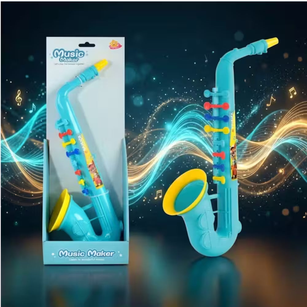 Saxofon Muzical de Jucarie pentru Copii, 36.5 cm, Instrument Muzical Educativ, Sunete Interactive, Dezvolta Creativitatea si Simtul Ritmului, Cadou pentru Copii, Albastru Deschis