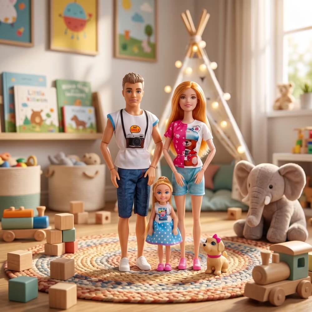 Familie de Papusi 30 cm, Set Complet cu Papusa Fata, Papusa Baiat, Papusa Copil si Catel de Jucarie, Joc de Rol pentru Copii, Cadou pentru Fete si Baieti