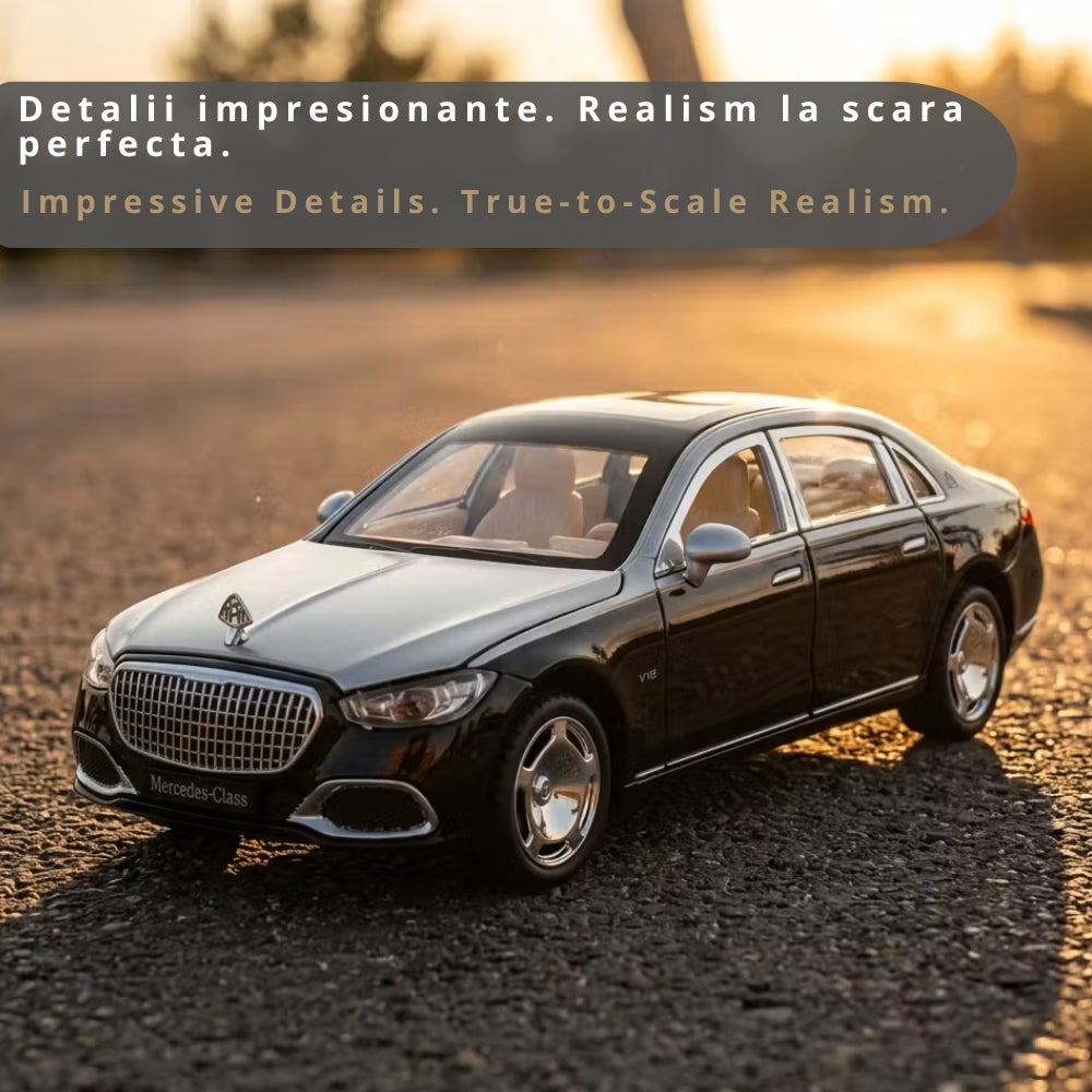 Masina Metalica Mercedes Maybach S-Class Scara 1:24, Telecomanda Tip Cheie, Deschidere Electrica Usi, Capota si Portbagaj Functionale, Lumini, Sunete, Cadou Colectionari, Negru/Argintiu