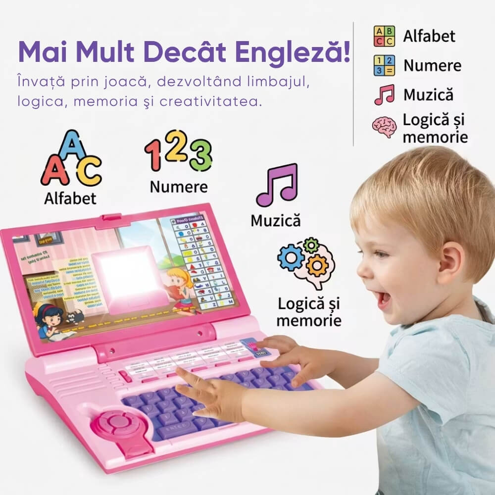 Laptop educational copii English Learner, limba engleza, alfabet, numere, muzica, jocuri interactive, ecran de desen, taste mari, roz