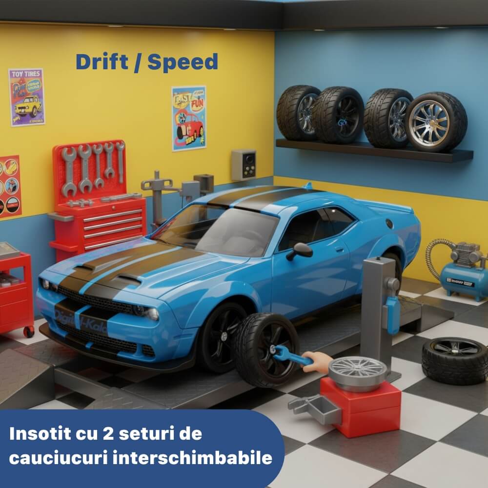 Masinuta cu Telecomanda, RC Drift Car, 1:24, 2.4GHz, Tractiune Integrala, 2 Seturi Anvelope (Speed & Drift), Obstacole Incluse, Baterie Reincarcabila, Albastru