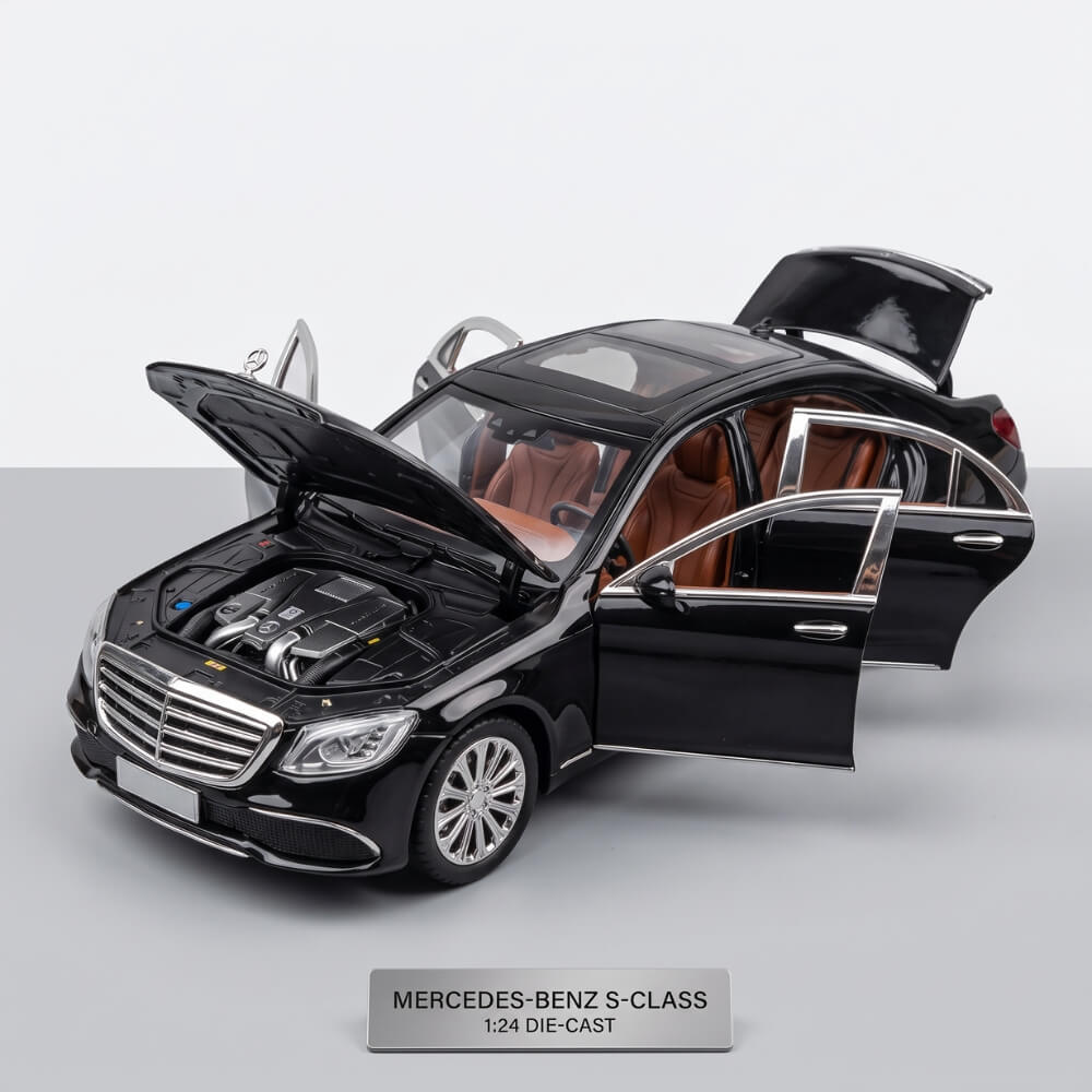 Macheta Masina Metalica Limuzina de Lux Mercedes E-Class L, Scara 1:24, Lumini LED si Sunete, Mecanism Pull-Back, Usi, Capota si Portbagaj Care Se Deschid