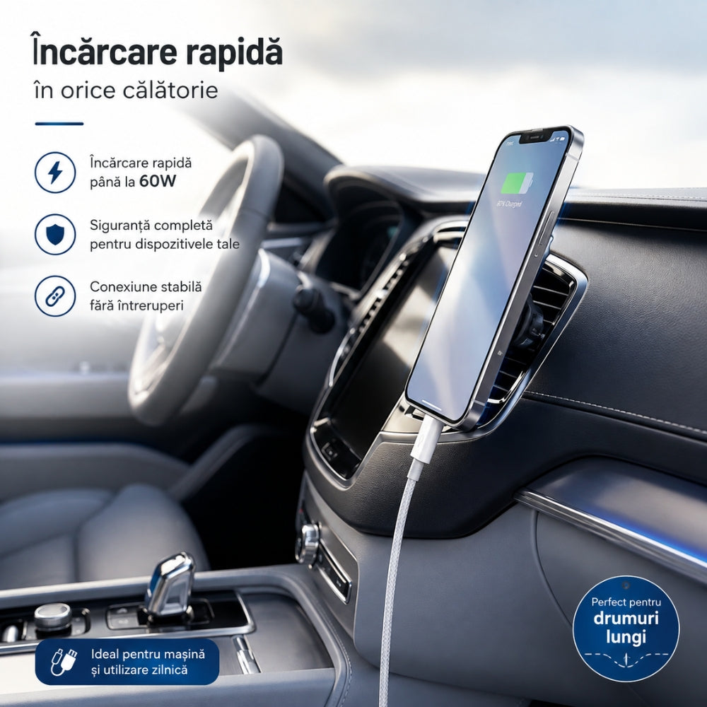 Cablu USB-C la USB-C PD 60W, Transfer Date si Incarcare Rapida - SuperFastCharge 25/45W, pentru iPhone 15/16/17, Plus, Pro & ProMax, Samsung, Tableta, cu Protectie la Supratensiune, compatibil CarPlay, TEXTIL PREMIUM, Type C, Alb, 1m