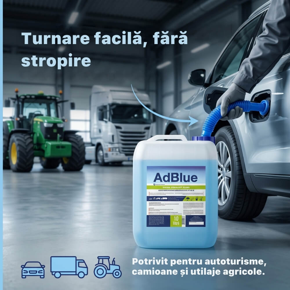 Solutie AdBlue® 10 Litri cu Palnie de Turnare, pentru Motoare Diesel Euro 4/5/6, Fabricat in Romania