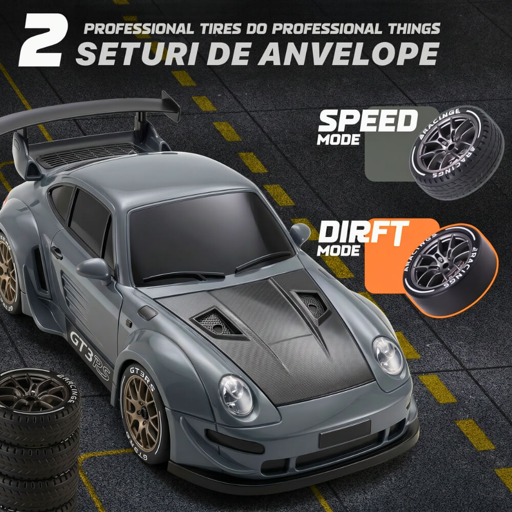 Masina cu Telecomanda RC Drift 4WD ,Scara 1:20, Tip 911 GTS, 20 km/h, 2.4GHz, 2 Seturi Anvelope Drift & Racing, Obstacole Incluse, Gri Metalizat
