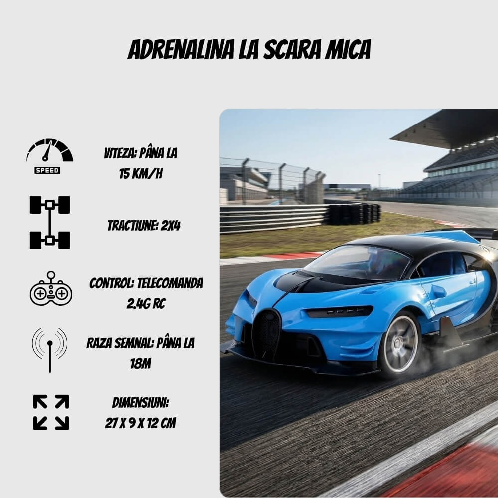 Masinuta cu telecomanda, Model Bugatti Chiron, Set cu pedale si volan, Design Sportiv, Jucarie Cadou Ideal pentru Copii si Adulti +5 ani, Albastru