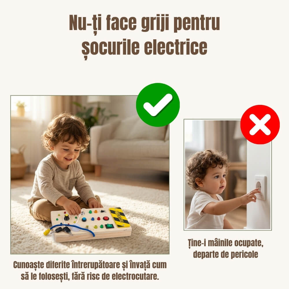 Jucarie Montessori Busy Board cu LED, Placa Senzoriala Educativa pentru Copii, Activitati Motricitate Fina, Lemn, Multicolor