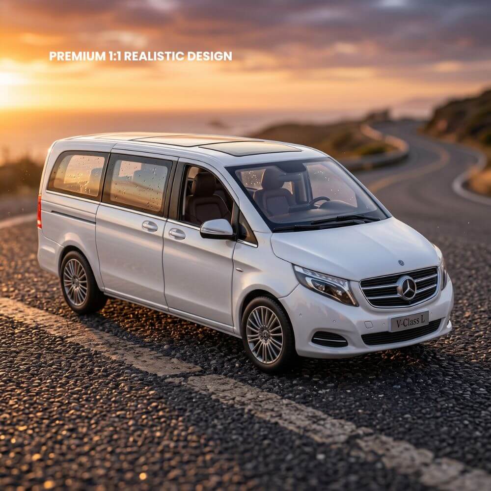 Masinuta Metalica Mercedes Vito, Scara 1:24, Usi si Portbagaj Mobile, Lumini Xenon, Sunete Claxon,  Cadou Baiat, Alb