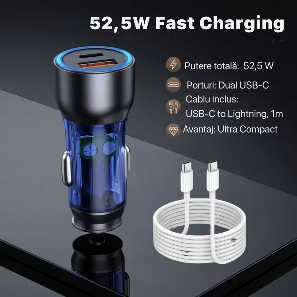 Incarcator Auto 52.5W USB-C PD 30W + USB-A QC 22.5W cu Cablu USB-C la USB-C 1m, Fast Charging, Incarcare Rapida Telefon, Tableta, Compact, Albastru/Gri