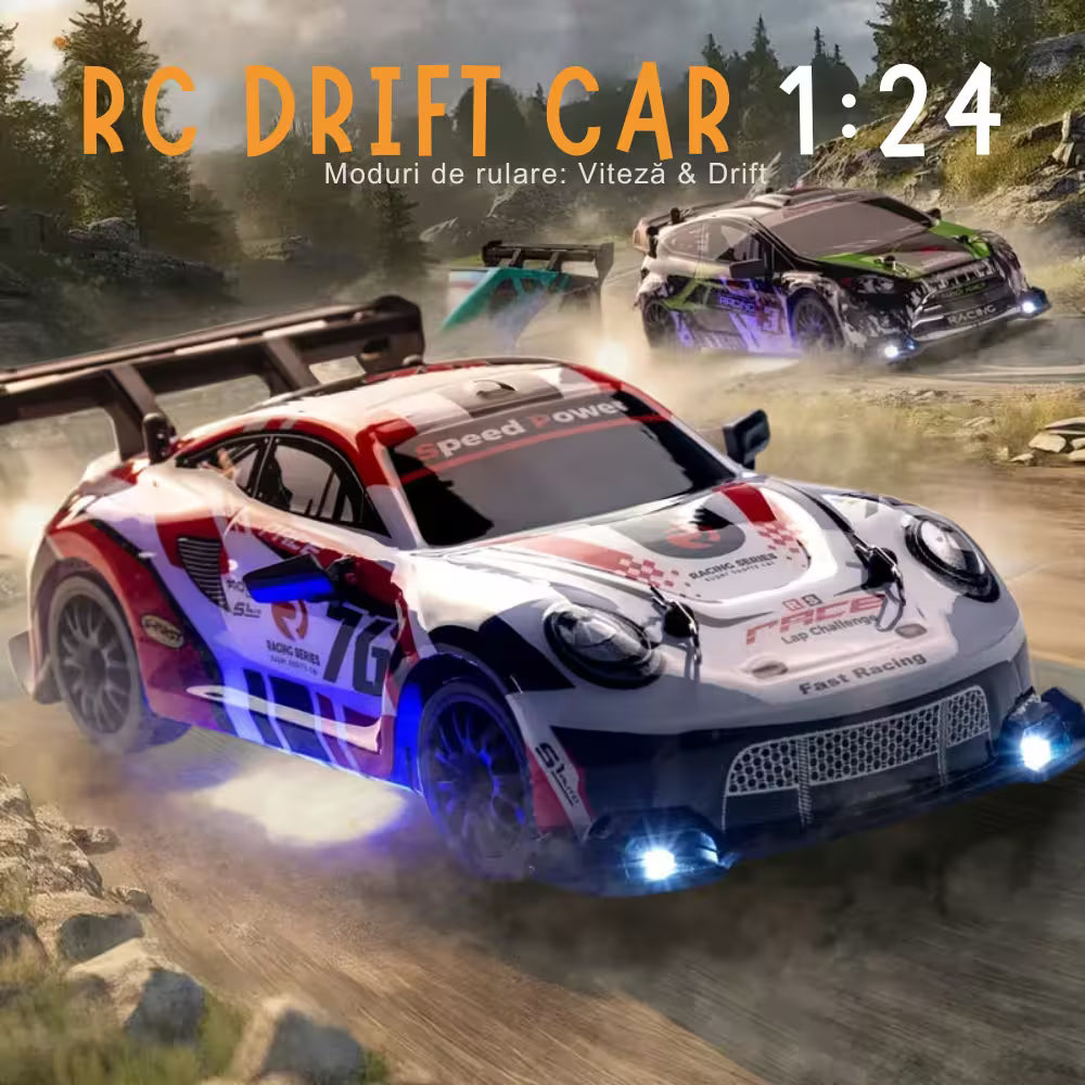 Masinuta cu Telecomanda, RC Drift Car, 1:24, 2.4GHz, Tractiune Integrala, 2 Seturi Anvelope (Speed & Drift), Obstacole Incluse, Baterie Reincarcabila, Alb