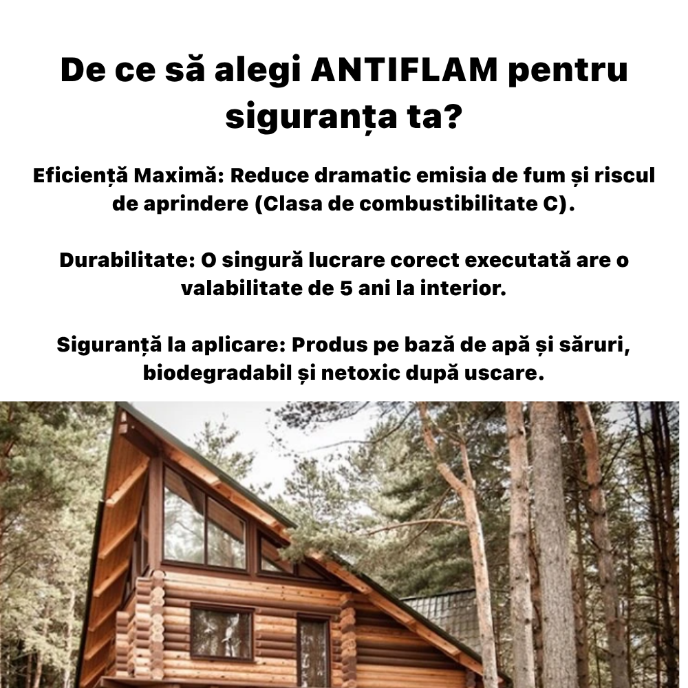 Solutie Profesionala Ignifuga ANTIFLAM O.N. 99 pentru Lemn si PAL, Garantie 5 Ani, Protectie 3 in 1 (Foc, Mucegai, Insecte), Certificat IGSU, Fabricat in Romania, 10 Kg