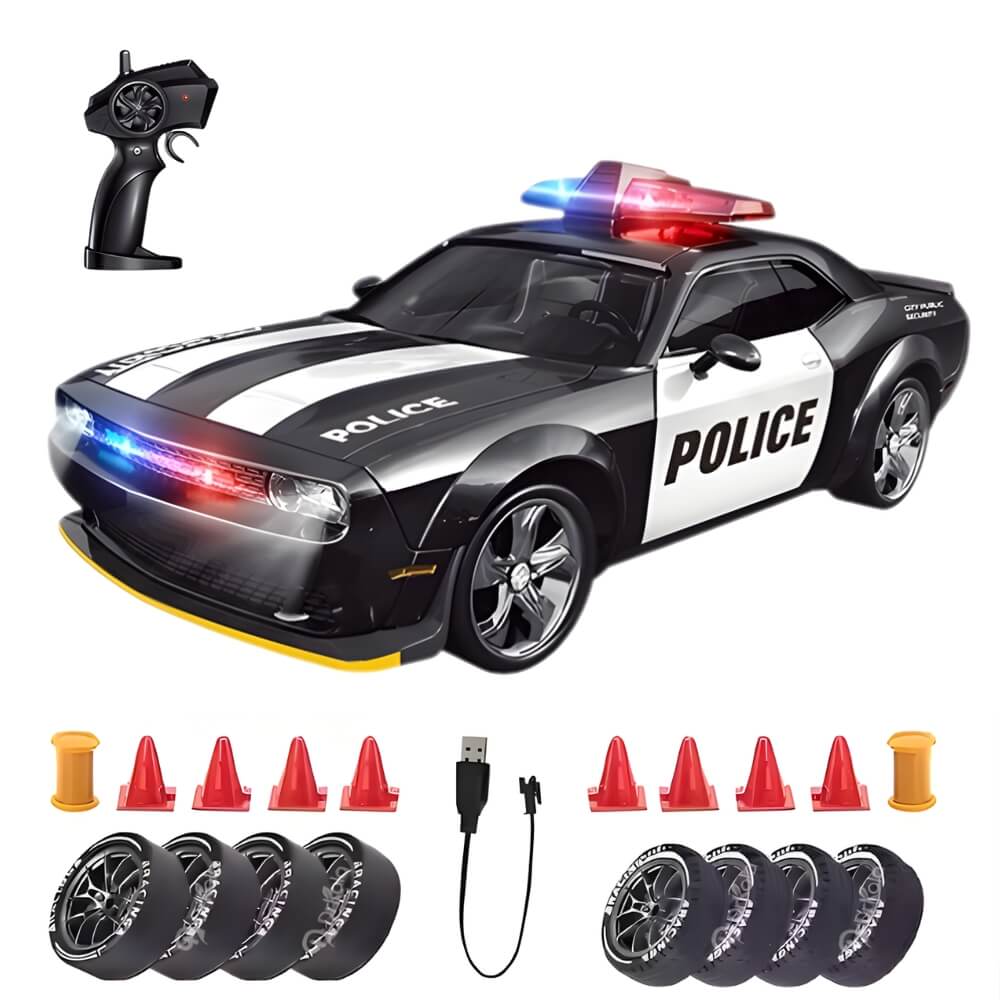 Masinuta cu Telecomanda, RC Drift Police Car, 1:24, 2.4GHz, Tractiune Integrala, 2 Seturi Anvelope (Speed & Drift), Obstacole Incluse, Baterie Reincarcabila, Jucarie Cadou Ideal pentru Copii si Adulti, Negru