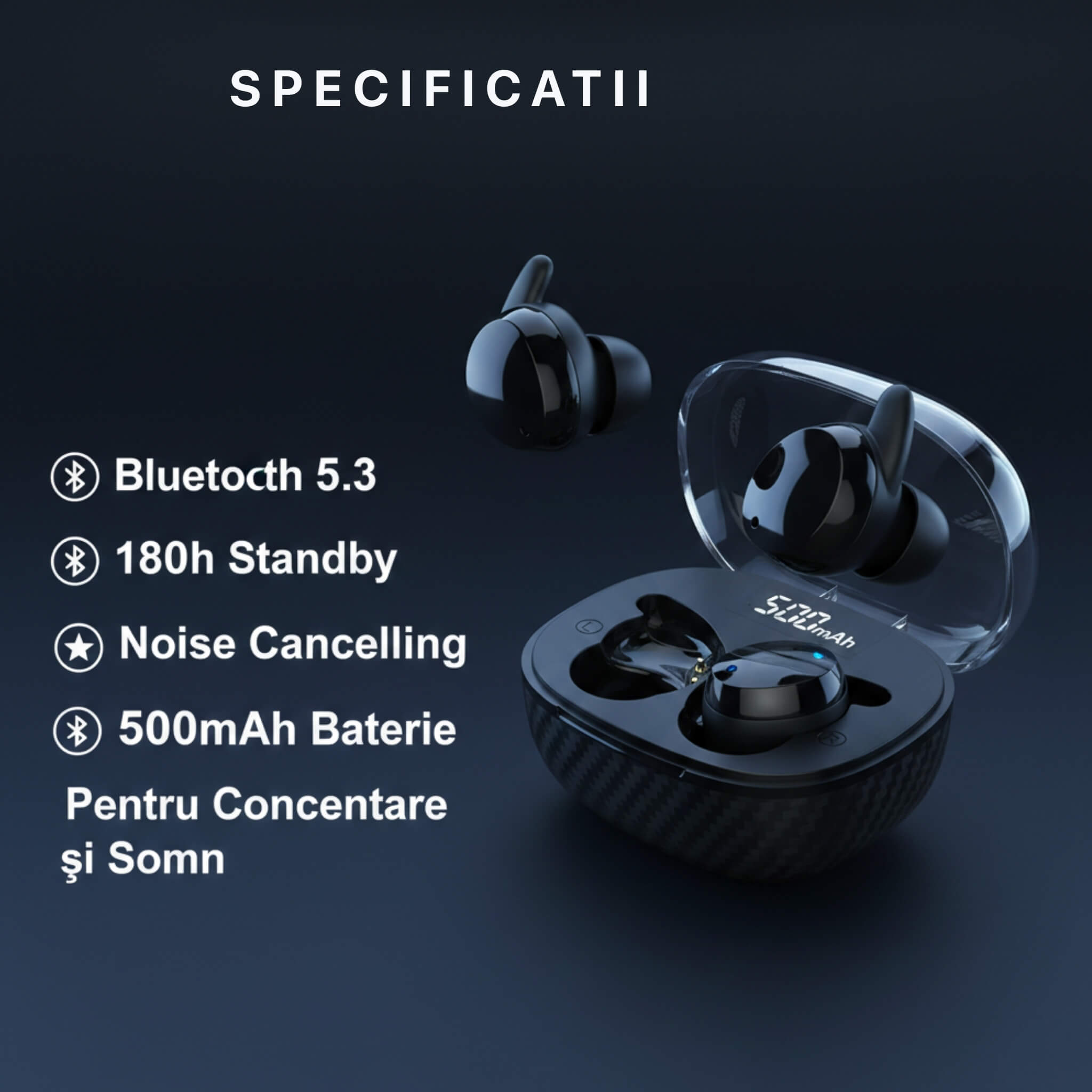 Casti Audio Wireless Hoco EW65 Sleep, Bluetooth 5.3, Noise Cancelling pentru Somn si Concentrare, Carcasa Transparenta 500mAh, 180h Standby, Negru