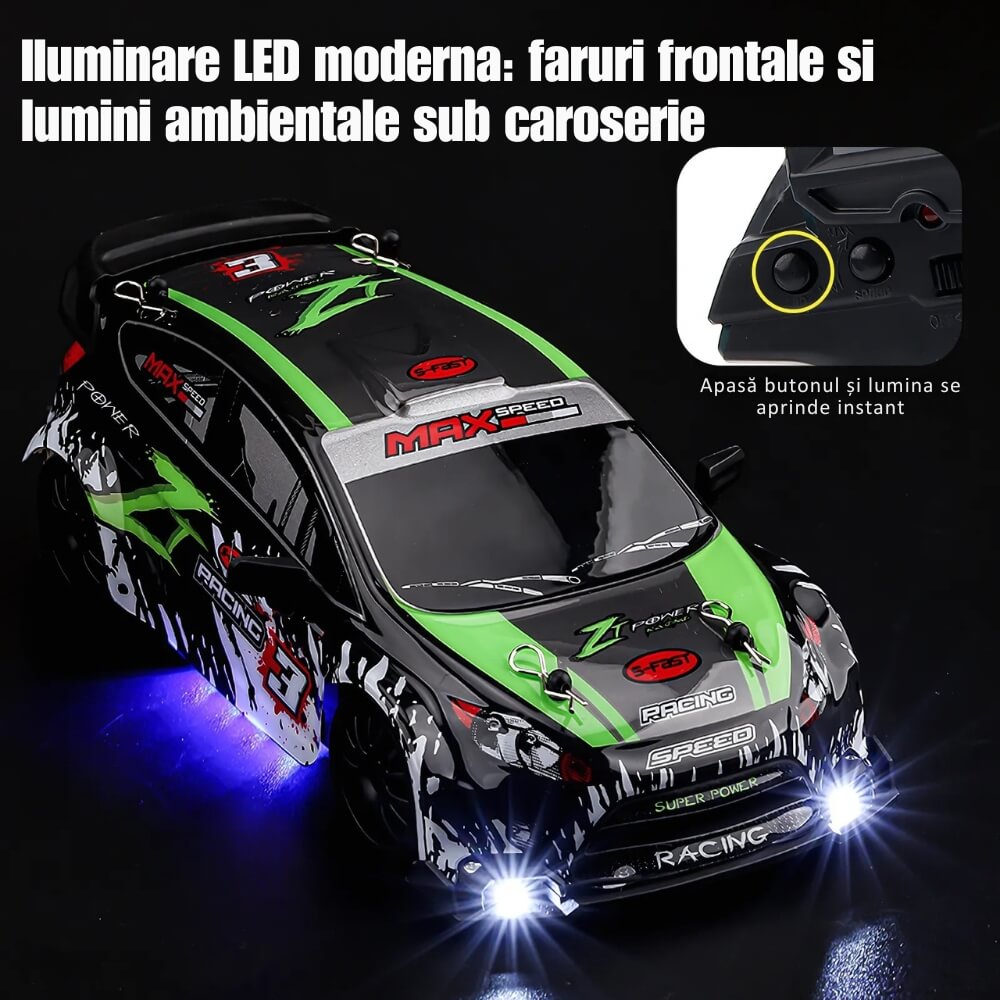 Masinuta cu Telecomanda, Model Ford Rally, RC Drift Car, 1:24, 2.4GHz, Tractiune Integrala, 2 Seturi Anvelope (Speed & Drift), Obstacole Incluse, Baterie Reincarcabila, Verde/Negru