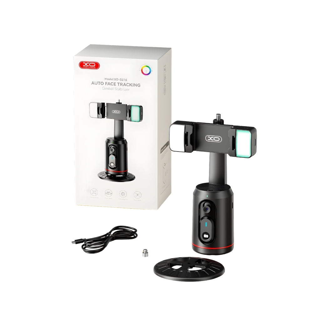 Suport Telefon Gimbal AI cu Urmarire Faciala Automata, Rotire 360, Lumini LED Fill Light, Bluetooth 5.2, Stabilizator Vlog & TikTok, Negru