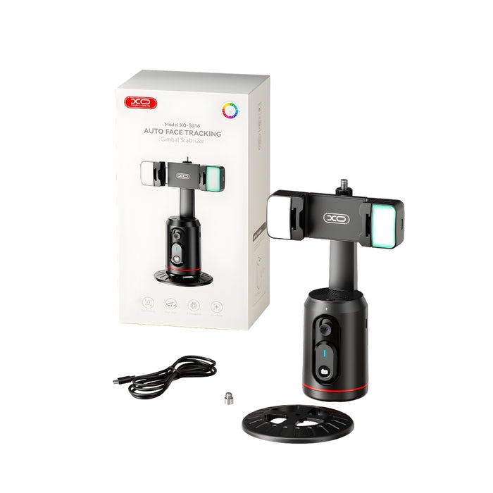 Suport Telefon Gimbal AI cu Urmarire Faciala Automata, Rotire 360, Lumini LED Fill Light, Bluetooth 5.2, Stabilizator Vlog & TikTok, Negru