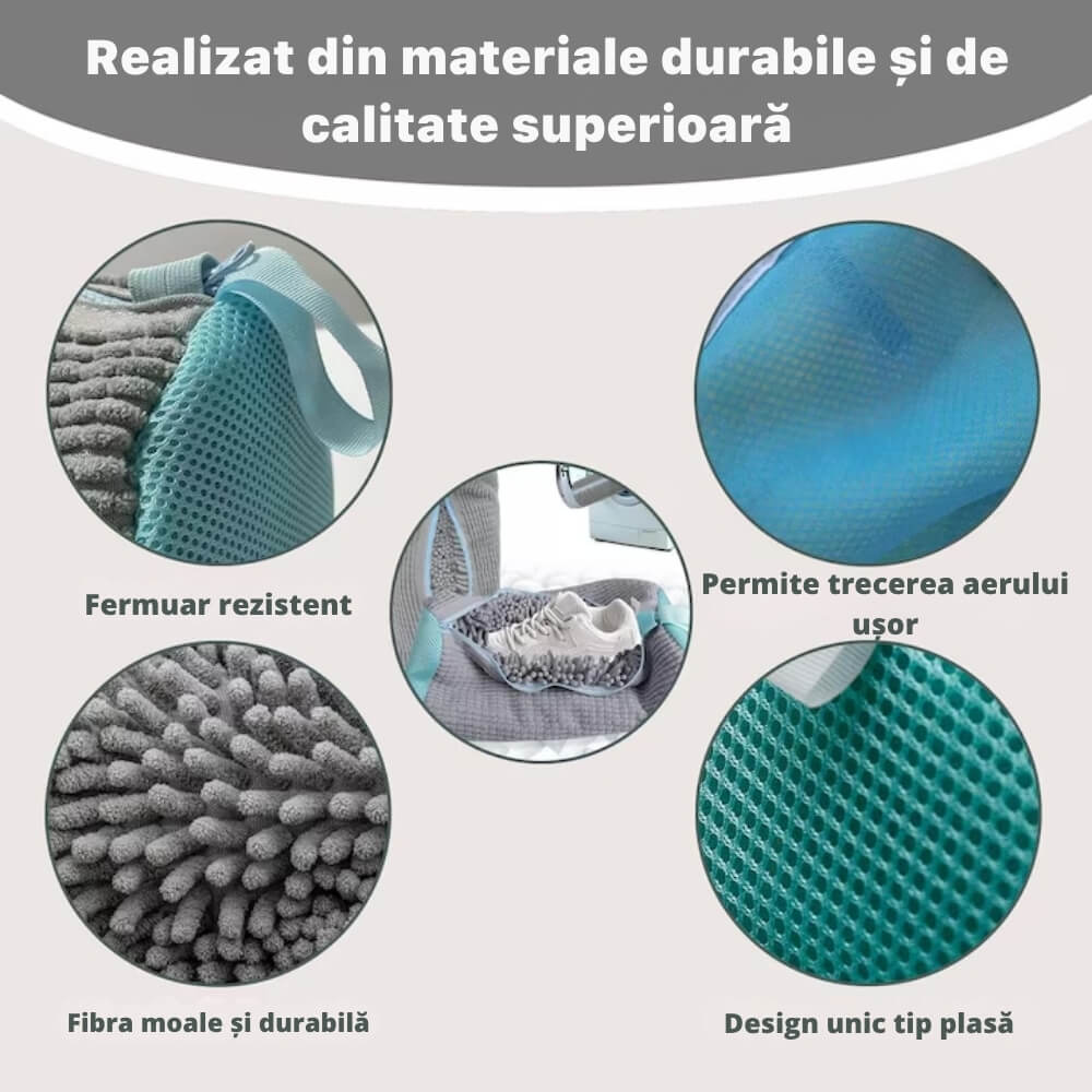 Sac spalare incaltaminte masina de spalat - Protectie pantofi si adidasi, Material rezistent, Fermoar premium, Curatare sigura, 39x19 cm, Gri