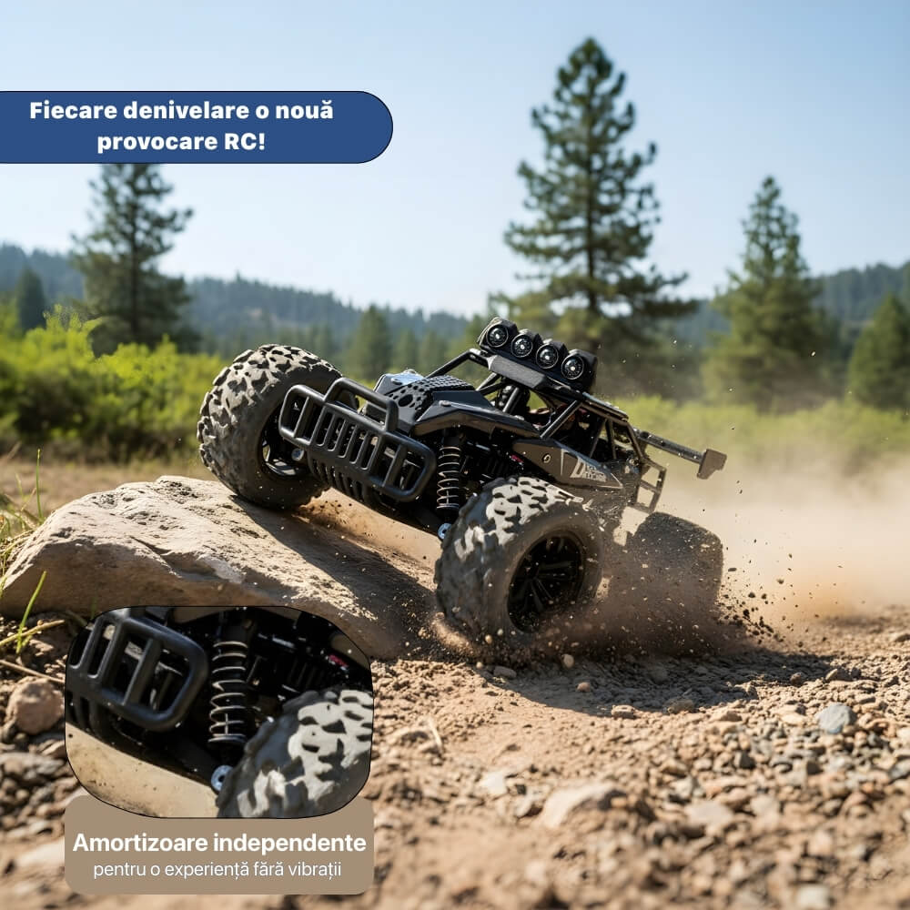 Mașinuță cu Telecomandă RC Off-Road 1:16, Viteză 20 km/h, Roți Mari All-Terrain, Lumini/Proiectoare LED, Telecomandă Tip Pistol, Acumulator Reîncărcabil Inclus, Jucărie pentru Copii 5+ Ani, Negru