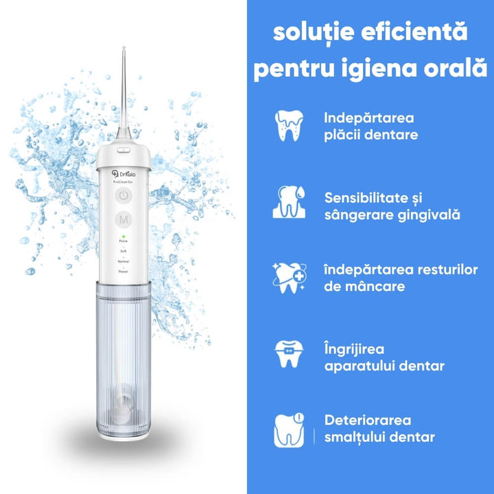 Irigator Bucal Profesional tip Dus Bucal Portabil DrKala® ProClean Go, pliabil, 4 moduri de curatare, pana la 1999 pulsatii/min, rezervor 210 ml, baterie 1500 mAh, 4 capete incluse, Rezistent la apa IPX7, incarcare USB-C, Alb — vedere alternativă