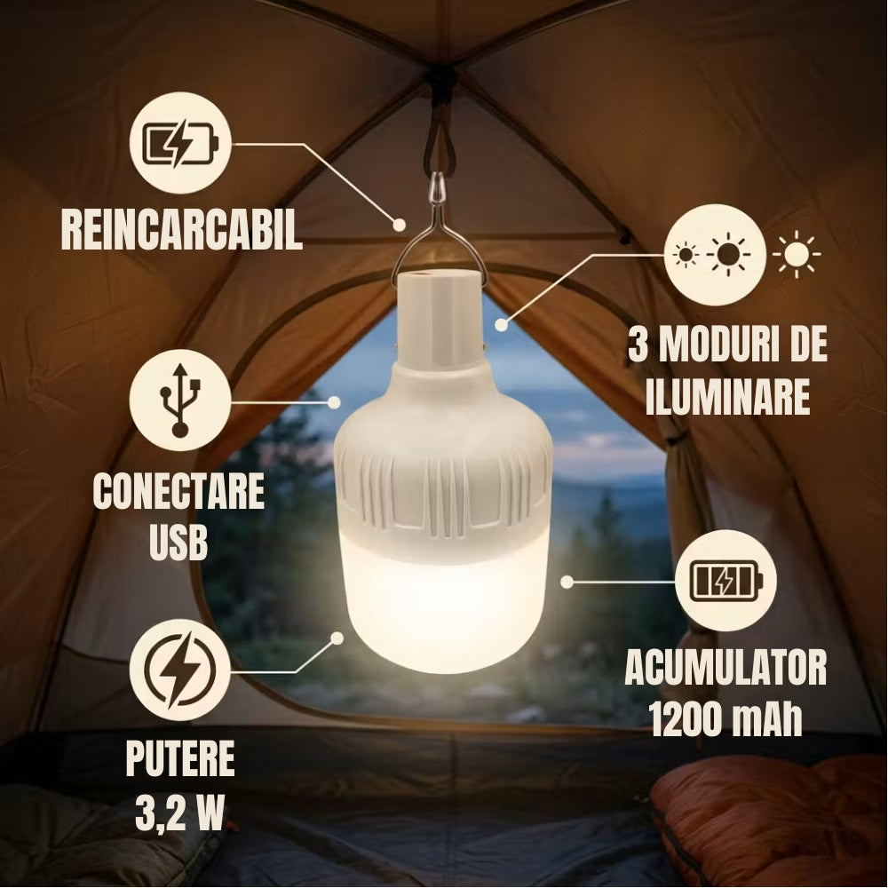 Bec LED reincarcabil DigiKalaX Lumo C1, 3.2W, acumulator 1200 mAh, incarcare USB-C, agatatoare integrata, functioneaza fara priza, pentru acasa, camping, pescuit, auto si pana de curent, negru