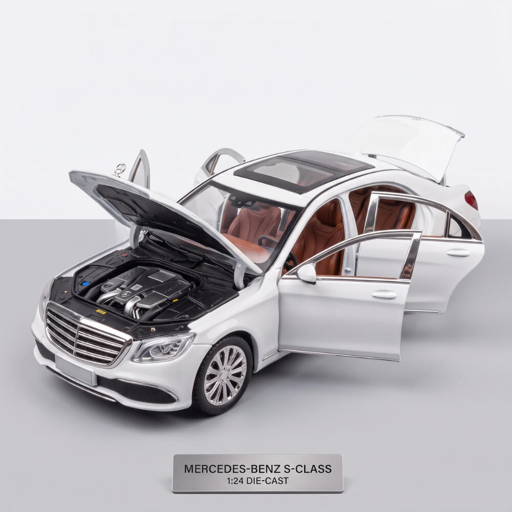Macheta Masina Metalica Limuzina de Lux Mercedes E-Class L, Scara 1:24, Lumini LED si Sunete, Mecanism Pull-Back, Usi, Capota si Portbagaj Care Se Deschid