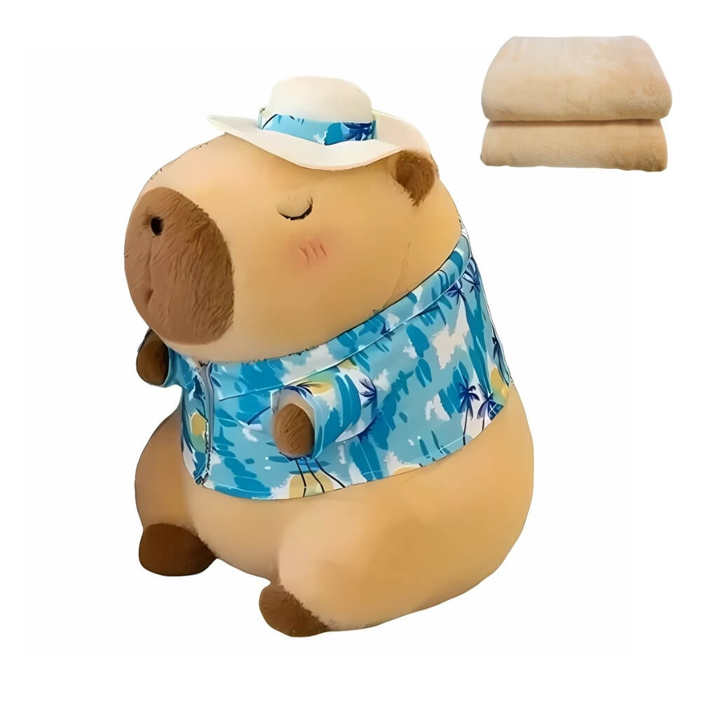 Jucarie de plus, Capibara cu camasa Hawaii, Patura inclusa, Blana Ultra-Moale, Maro/Albastru, 48 cm