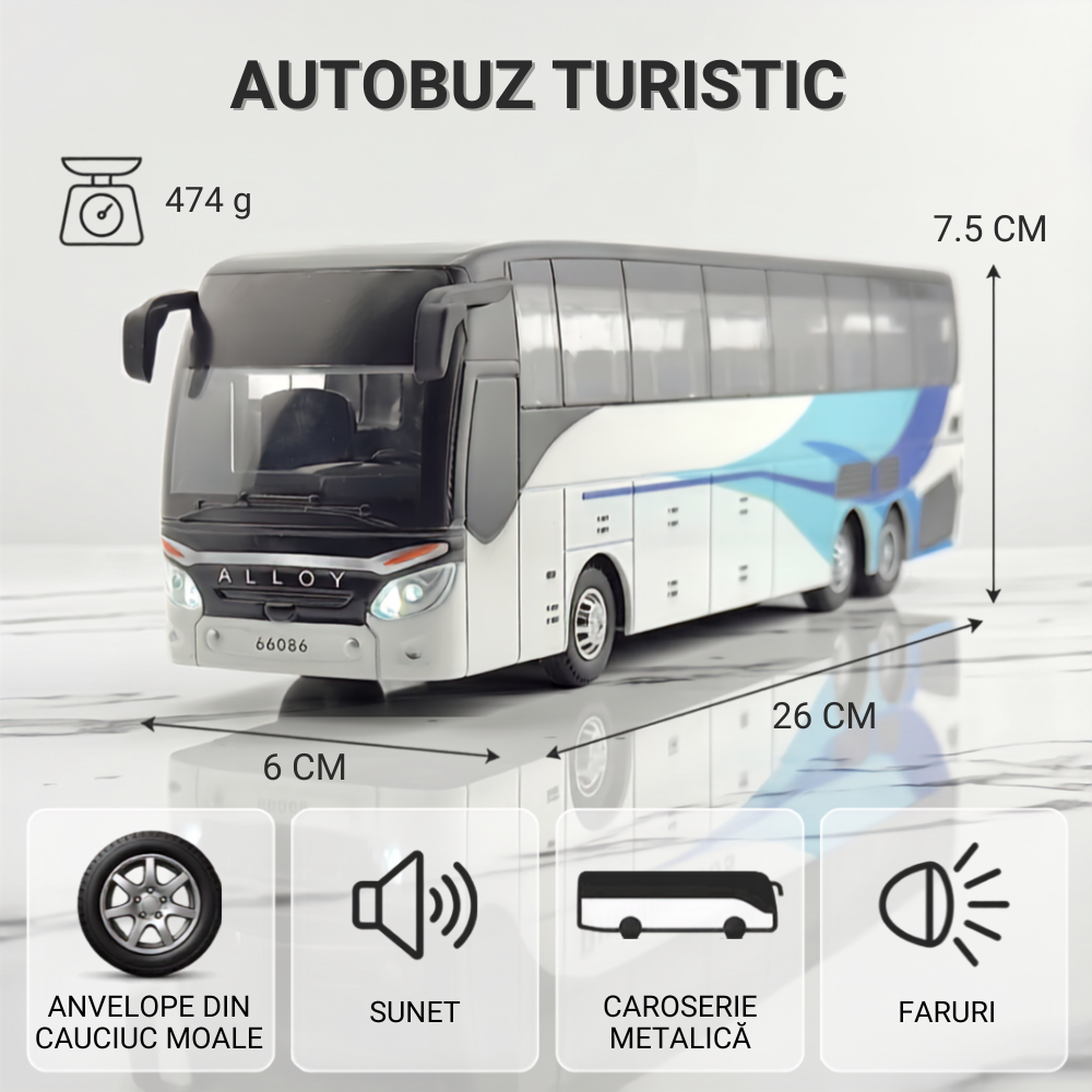 Autobuz Turistic de Jucărie din Metal 1:30, 26 cm, Lumini și Sunete, Uși și Portbagaj cu Deschidere, Alb/Albastru