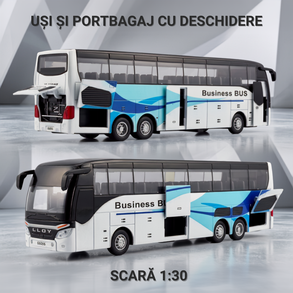 Autobuz Turistic de Jucărie din Metal 1:30, 26 cm, Lumini și Sunete, Uși și Portbagaj cu Deschidere, Alb/Albastru