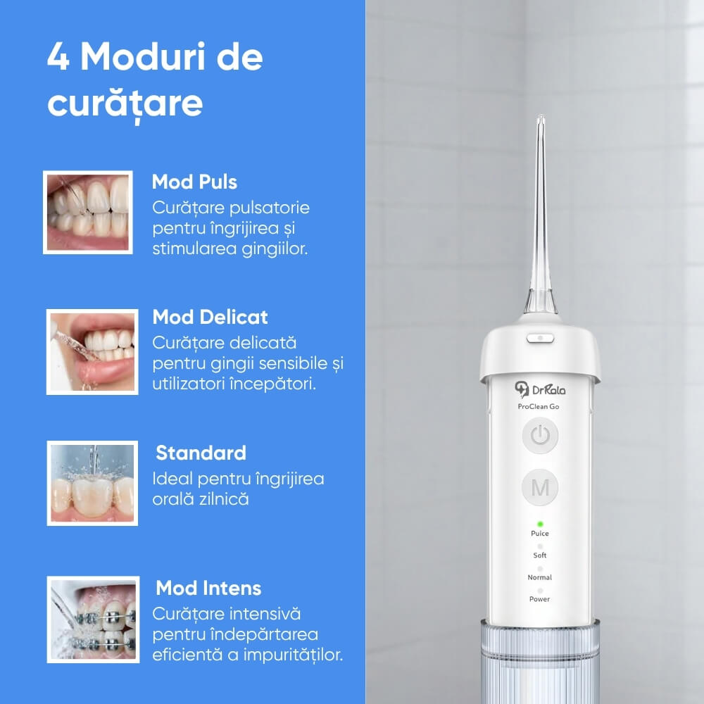Irigator Bucal Profesional tip Dus Bucal Portabil DrKala® ProClean Go, pliabil, 4 moduri de curatare, pana la 1999 pulsatii/min, rezervor 210 ml, baterie 1500 mAh, 4 capete incluse, Rezistent la apa IPX7, incarcare USB-C, Alb