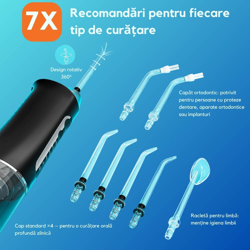 Irigator Bucal tip Dus Bucal Portabil, DrKala®, 1380 pulsatii/min, 5 Programe, 7 duze incluse, personalizare pulsatii, Rezervor 300 ml, Igiena orala completa, Negru