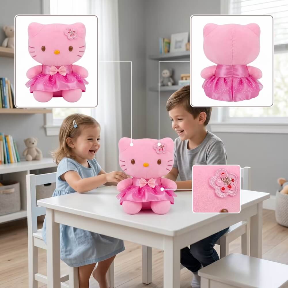 Jucarie de plus Hello Kitty cu fustita si papion, editie speciala, cu agatatoare, 20Cm Roz