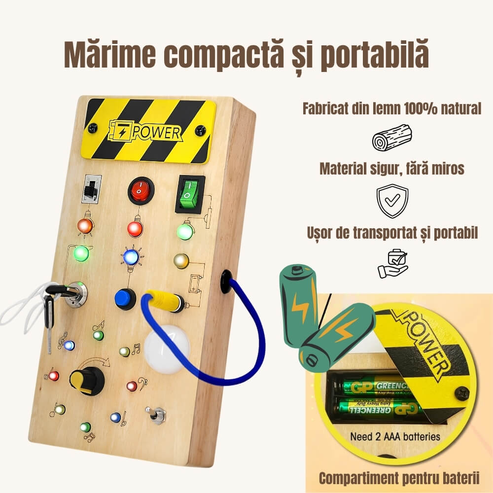 Jucarie Montessori Busy Board cu LED, Placa Senzoriala Educativa pentru Copii, Activitati Motricitate Fina, Lemn, Multicolor