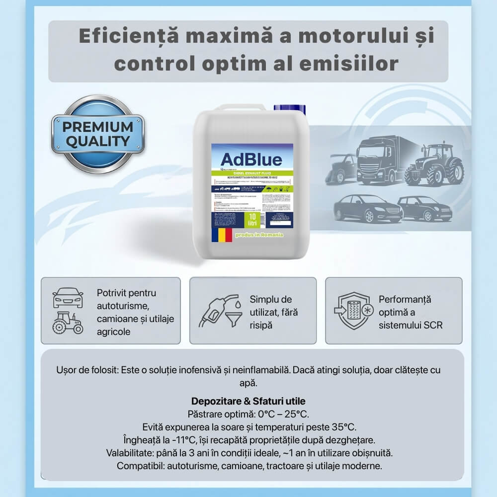 Solutie AdBlue® 10 Litri cu Palnie de Turnare, pentru Motoare Diesel Euro 4/5/6, Fabricat in Romania