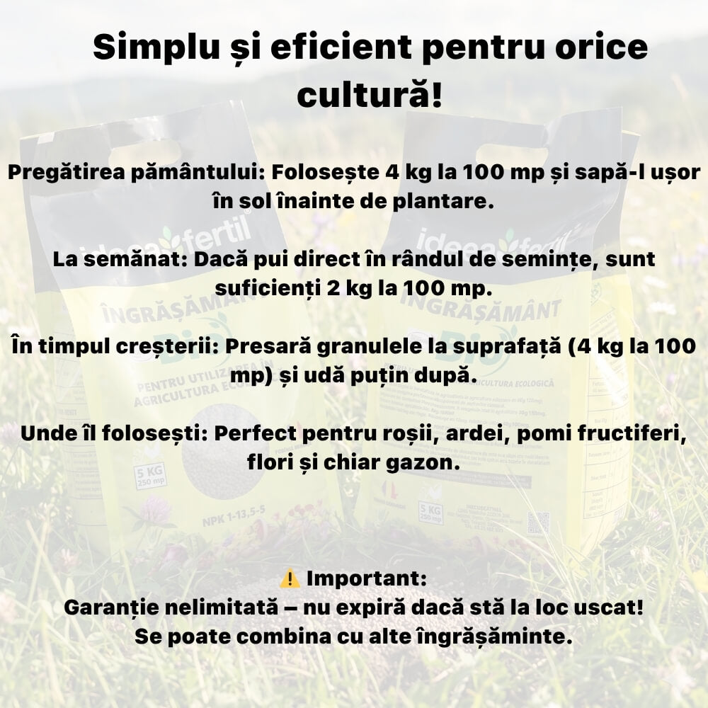 Ingrasamant Ecologic Universal IDEEAFERTIL, Granule, 5 kg, Certificat ECOCERT, Eliberare Lenta, pentru Legume, Fructe si Gazon, Produs in Romania