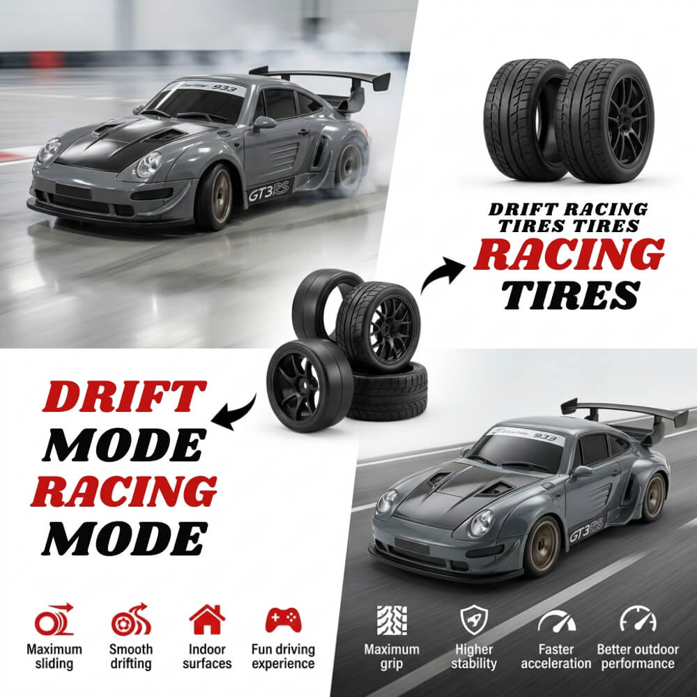 Masina cu Telecomanda RC Drift 4WD ,Scara 1:20, Tip 911 GTS, 20 km/h, 2.4GHz, 2 Seturi Anvelope Drift & Racing, Obstacole Incluse, Gri Metalizat