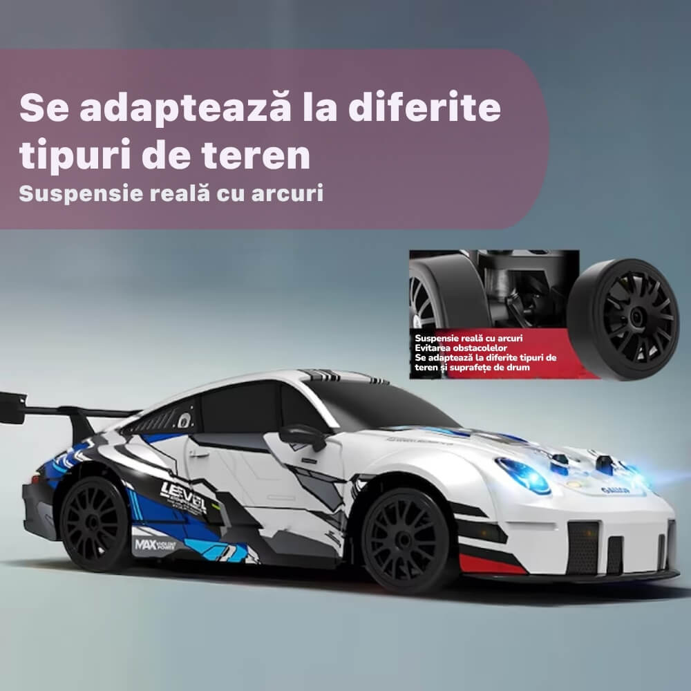 Masina cu Telecomana RC Porsche, Drift Car 1:24, 4WD, 20 km/h, LED, 2 Seturi Anvelope Drift & Racing, Varsta 7+, Alb
