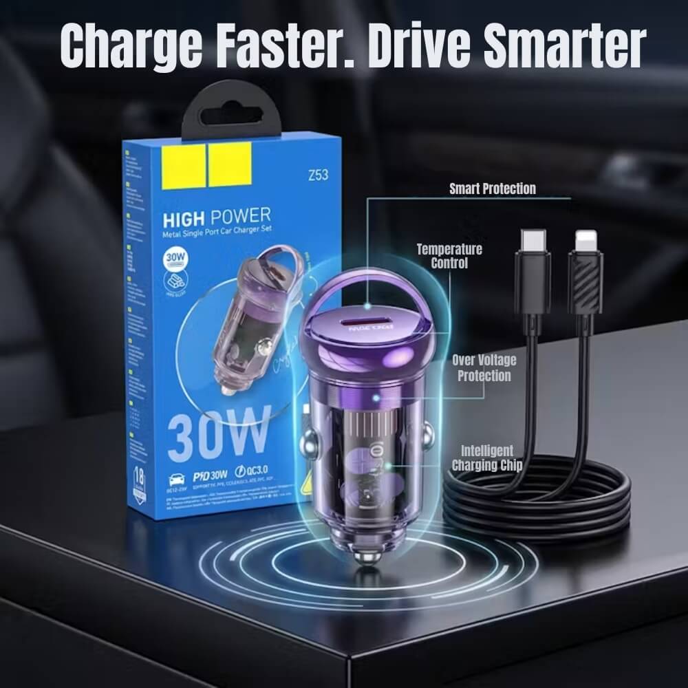 Incarcator Auto Slim Bricheta DigikalaX®, Fast charging PD 30W, QC3.0, Type C, Inel de tragere, Cablu Usb-C - Lightning Inclus, Universal, Mov Transparent