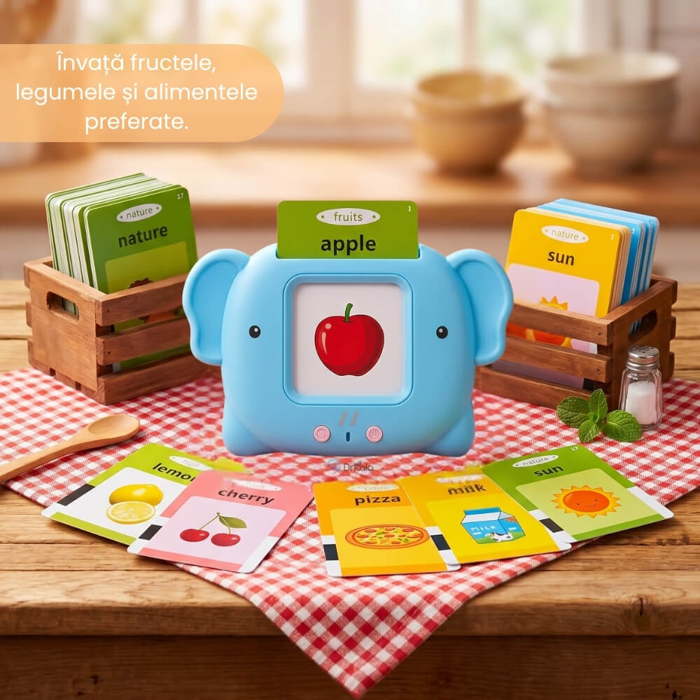 Jucarie Educativa Interactiva pentru Copii, Cititor Carduri cu 224 Cuvinte in Engleza, Invatare prin Joaca, Vocabular, Animale, Fructe, Masini, Reincarcabil USB, Albastru / Roz