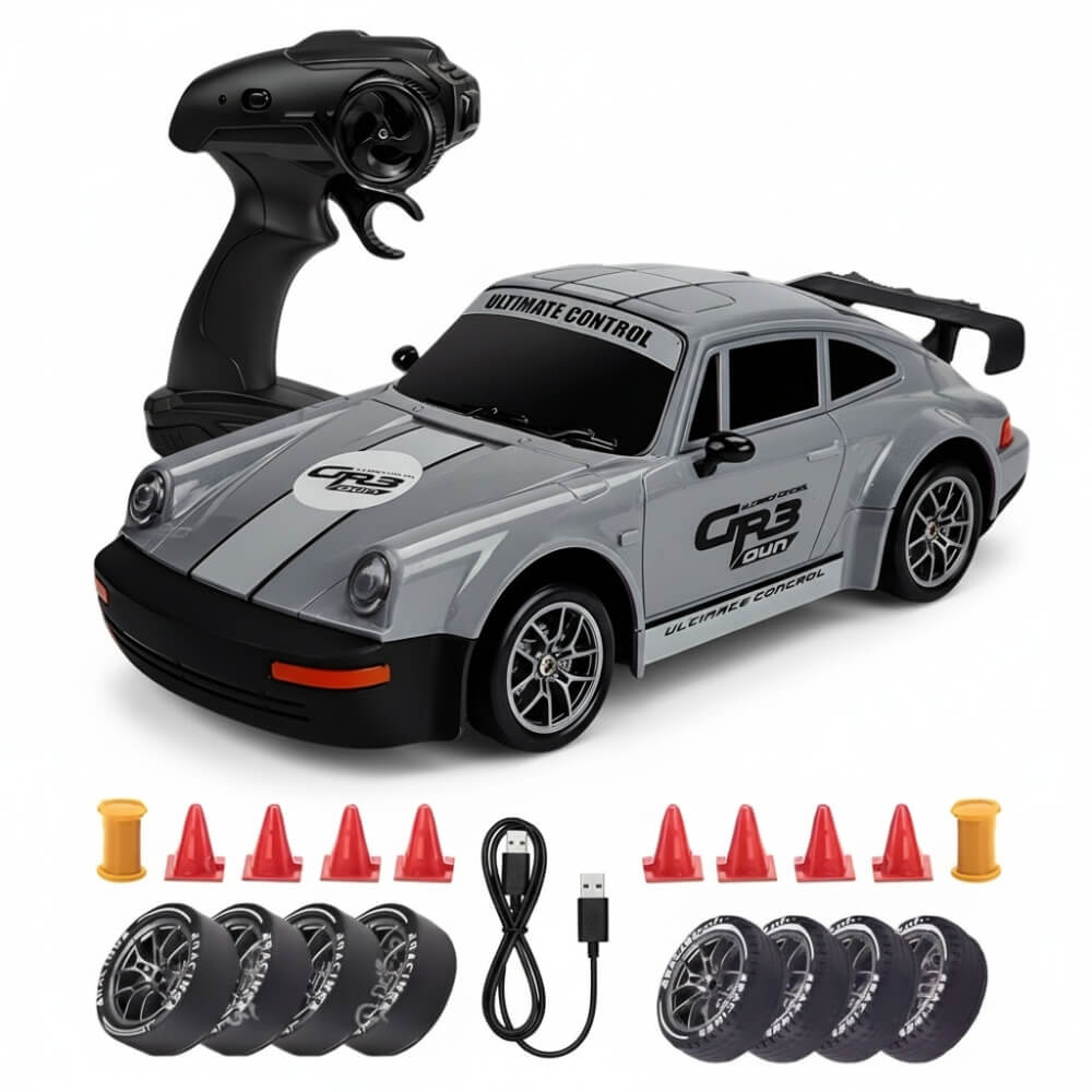 Masinuta cu Telecomanda, Porsche Vintage RC Drift Car, 1:24, 2.4GHz, 20 km/h, Tractiune Integrala, 2 Seturi Anvelope (Speed & Drift), Obstacole Incluse, Baterie Reincarcabila, Gri