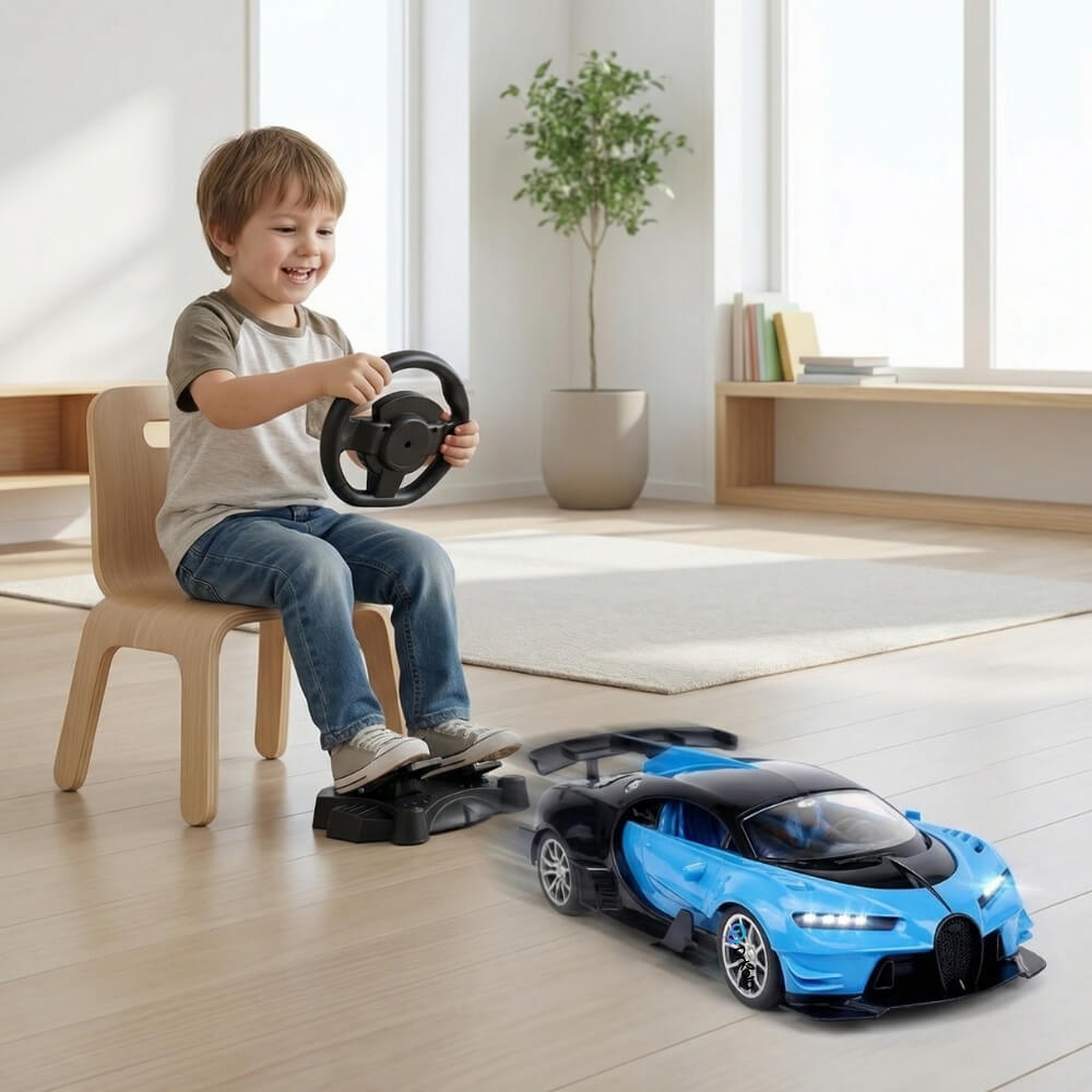 Masinuta cu telecomanda, Model Bugatti Chiron, Set cu pedale si volan, Design Sportiv, Jucarie Cadou Ideal pentru Copii si Adulti +5 ani, Albastru