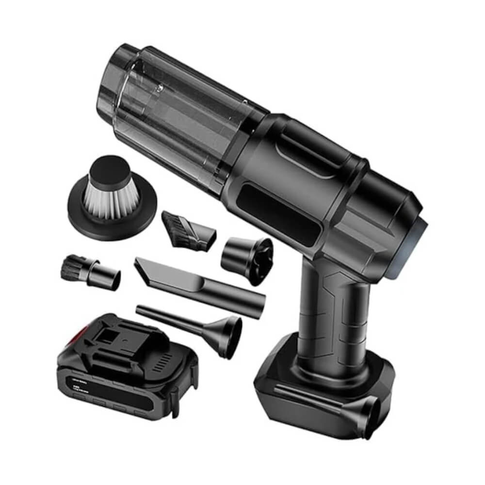 Aspirator de Mana DigikalaX® cu Acumulator, Puternic si Usor, Putere 150W, Acumulator 18.5V, 6 Accesorii, Aspirare Uscata/Suflare/Vacuum pentru Casa si Masina, Negru