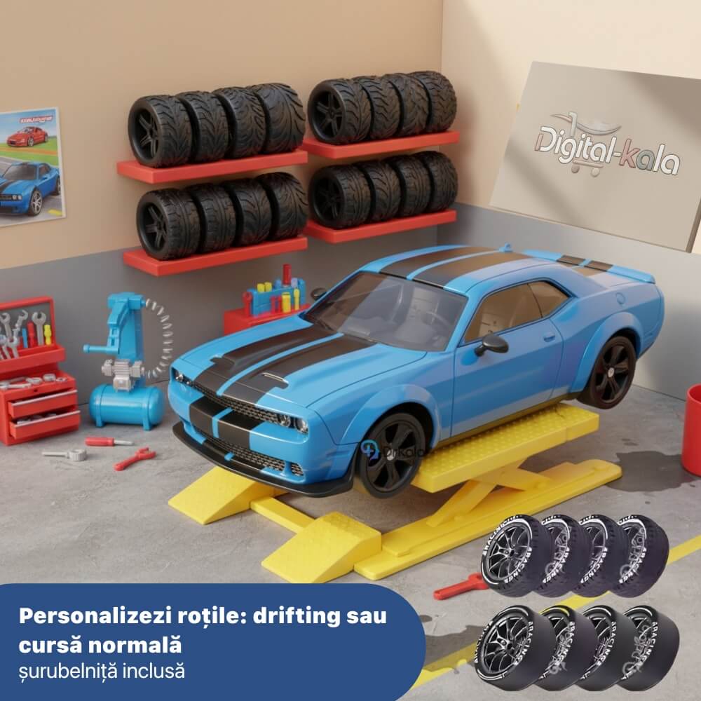Masinuta cu Telecomanda, RC Drift Car, 1:24, 2.4GHz, Tractiune Integrala, 2 Seturi Anvelope (Speed & Drift), Obstacole Incluse, Baterie Reincarcabila, Albastru