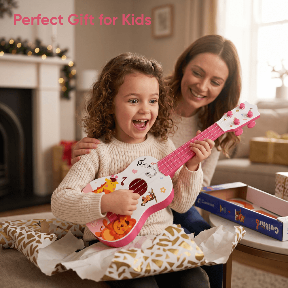 Chitara de Jucarie pentru Copii 3-8 Ani, Ukulele Mini 4 Corzi cu Animale, Cadou Baieti si Fete, Instrument Muzical Educational, 40 cm, Roz