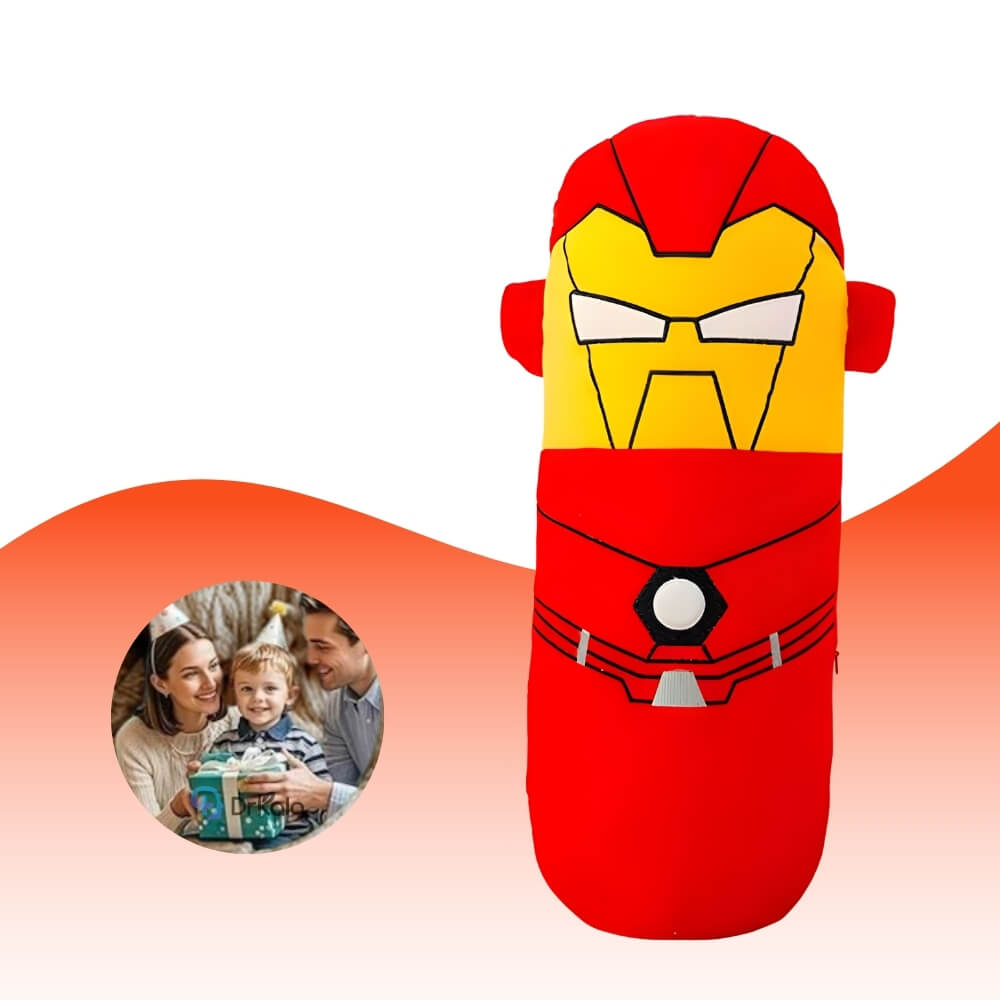 Jucarie de Plus si Perna Moale Iron Man (Omul de Fier), Marvel Avengers, 50 cm, Design Cilindric, Rosu/Galben