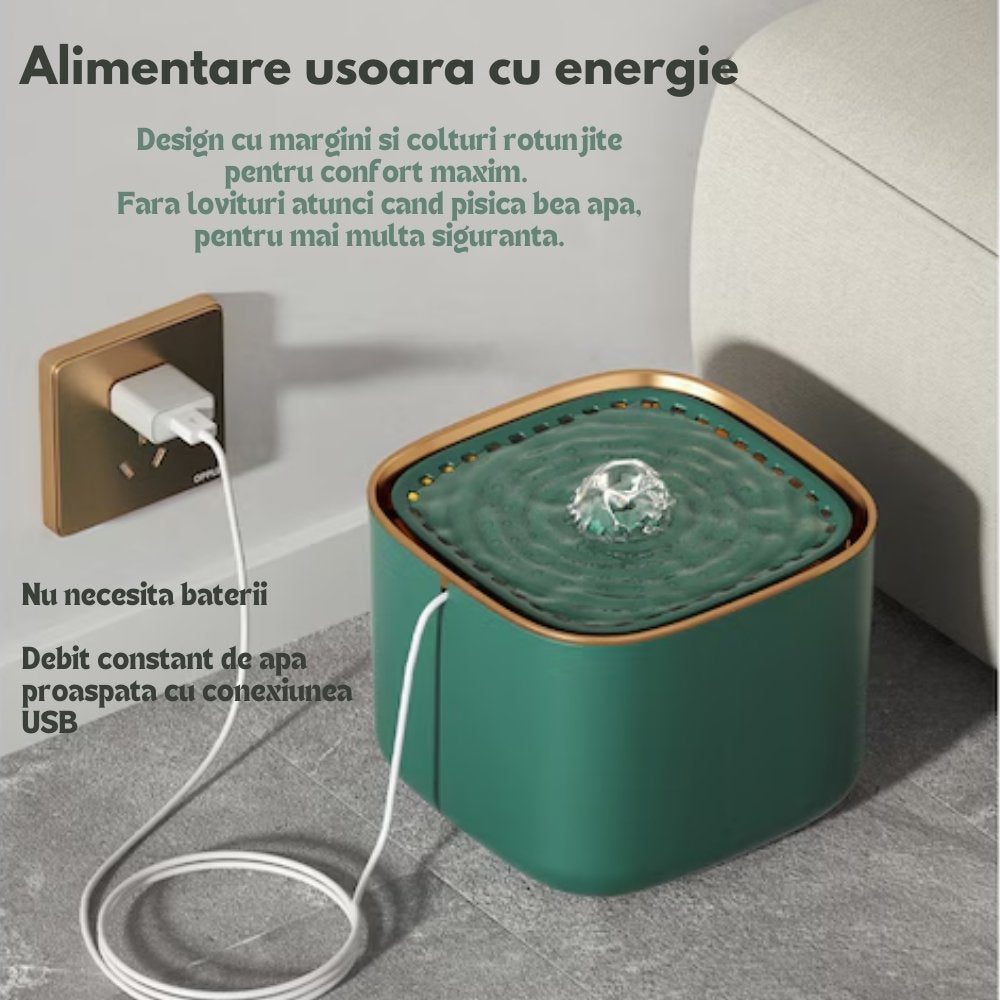 Dispenser de Apa Automat, pentru Caini si Pisici, Capacitate 3L, Cablu USB, Adaptor Priza