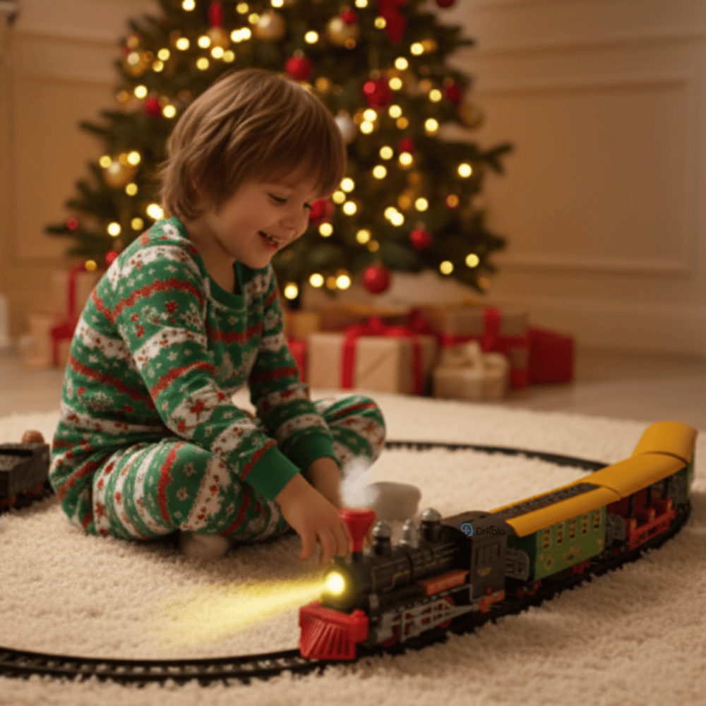 Tren de Craciun Clasic , Set Jucărie 18 Piese, Scară 1:87, cu Lumini și Sunet, Multicolor