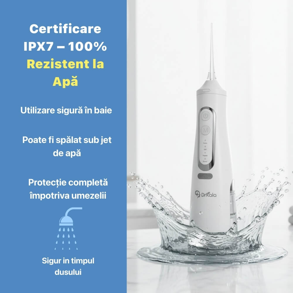 Irigator Bucal Profesional, DrKala®, Dus Bucal Portabil, 1600-1999 pulsatii/min, 4 Moduri, Memorie, Rezervor 310ml, 4 Duze, Alb