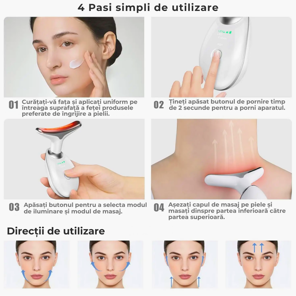 Aparat Pentru Reducerea Ridurilor Fetei Si Ingrijirea Zonei Gatului, Lifting, Stimulare Mirocirculatie, Stimulare EMS, Masaj, Functie De Incalzire, Efect Anti-Imbatranire